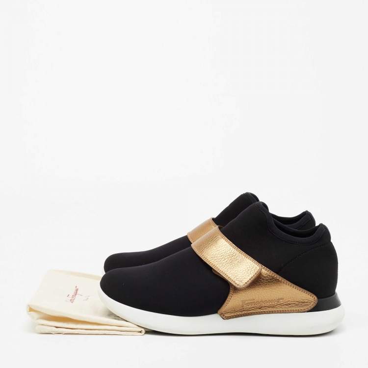 Pre Owned Salvatore Ferragamo Black/Gold Stretch Fabric And Leather Sneakers Size 39.5