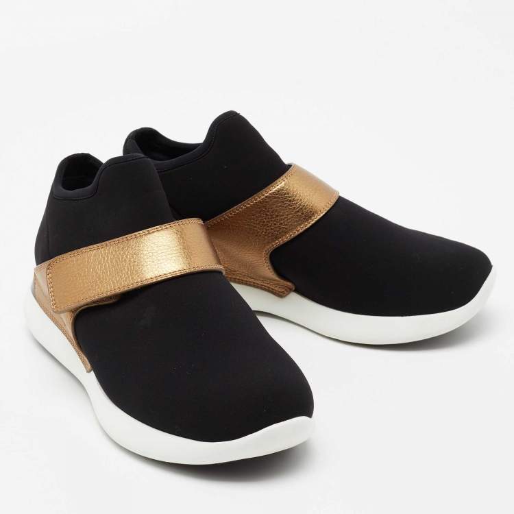 Pre Owned Salvatore Ferragamo Black/Gold Stretch Fabric And Leather Sneakers Size 39.5