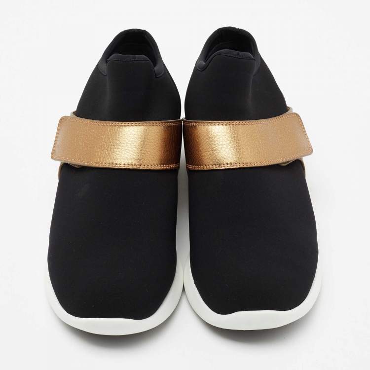 Pre Owned Salvatore Ferragamo Black/Gold Stretch Fabric And Leather Sneakers Size 39.5