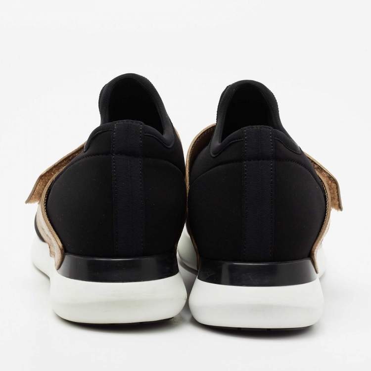 Pre Owned Salvatore Ferragamo Black/Gold Stretch Fabric And Leather Sneakers Size 39.5