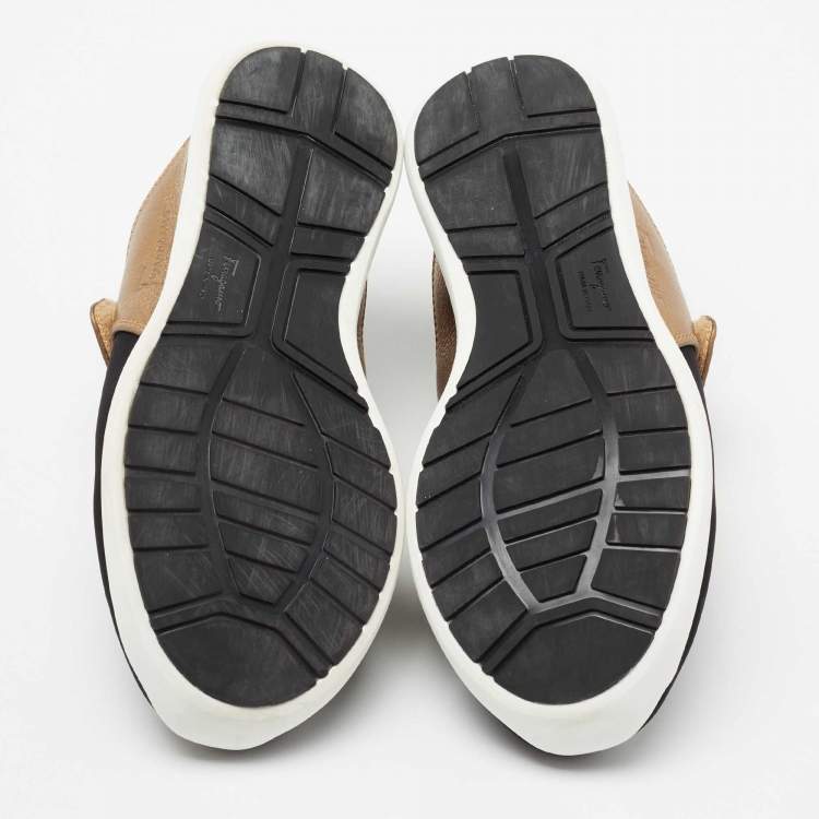 Pre Owned Salvatore Ferragamo Black/Gold Stretch Fabric And Leather Sneakers Size 39.5