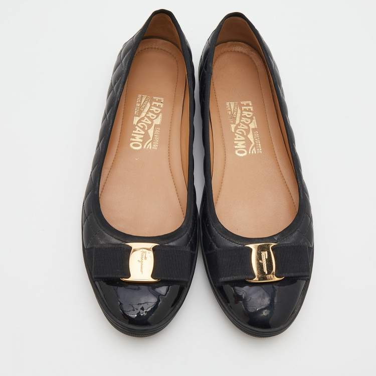 Pre Owned Salvatore Ferragamo Black Quilted Leather Vara Bow Ballet Flats Size 39
