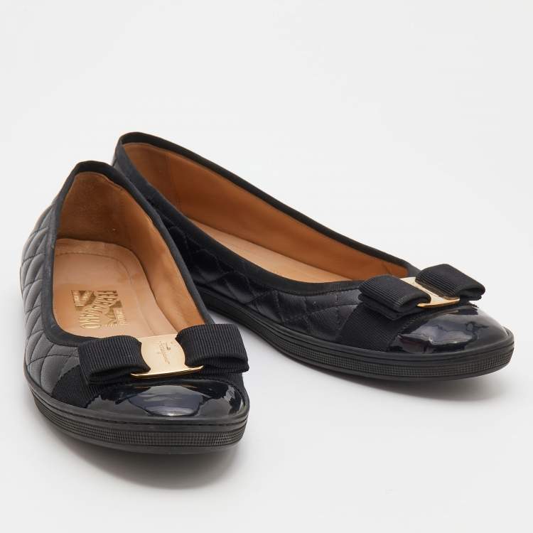 Pre Owned Salvatore Ferragamo Black Quilted Leather Vara Bow Ballet Flats Size 39