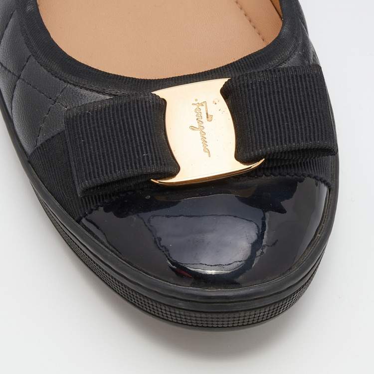 Pre Owned Salvatore Ferragamo Black Quilted Leather Vara Bow Ballet Flats Size 39