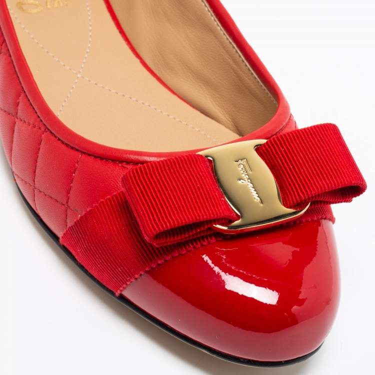 Pre Owned Salvatore Ferragamo Red Quilted Patent And Leather Varina Ballet Flats Size 38.5