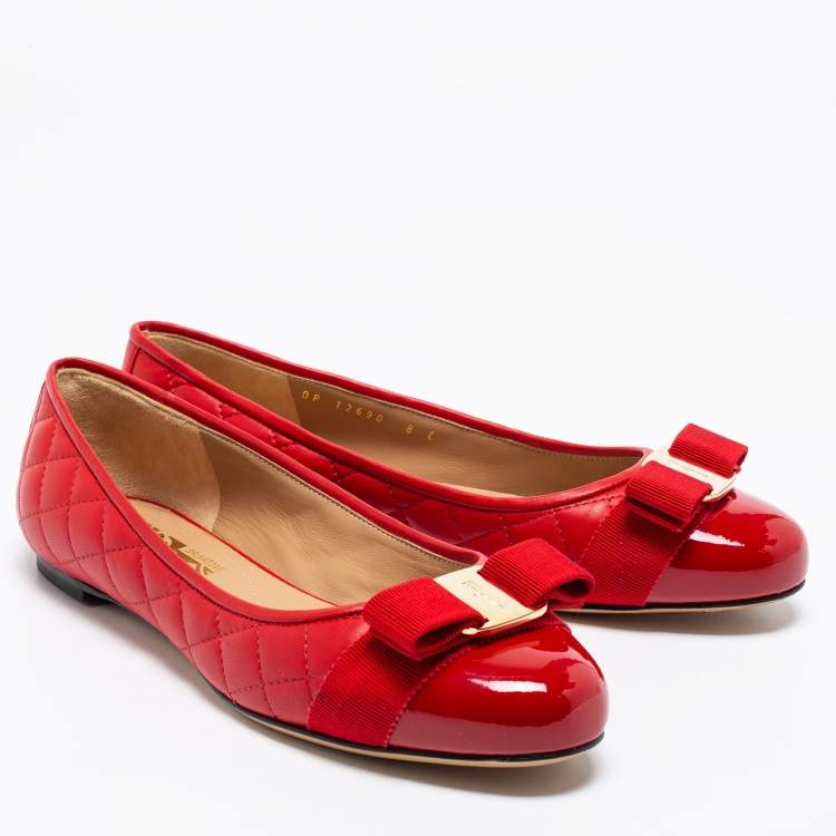 Pre Owned Salvatore Ferragamo Red Quilted Patent And Leather Varina Ballet Flats Size 38.5