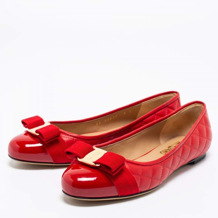 Pre Owned Salvatore Ferragamo Red Quilted Patent And Leather Varina Ballet Flats Size 38.5