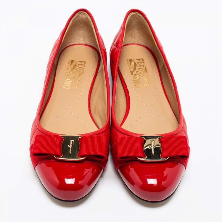 Pre Owned Salvatore Ferragamo Red Quilted Patent And Leather Varina Ballet Flats Size 38.5