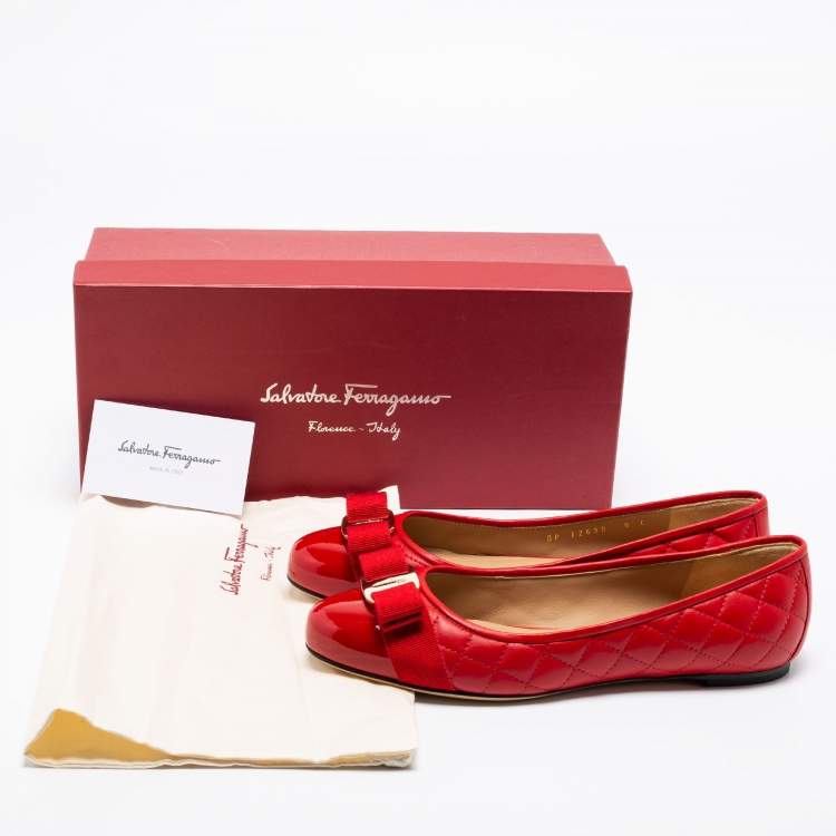 Pre Owned Salvatore Ferragamo Red Quilted Patent And Leather Varina Ballet Flats Size 38.5