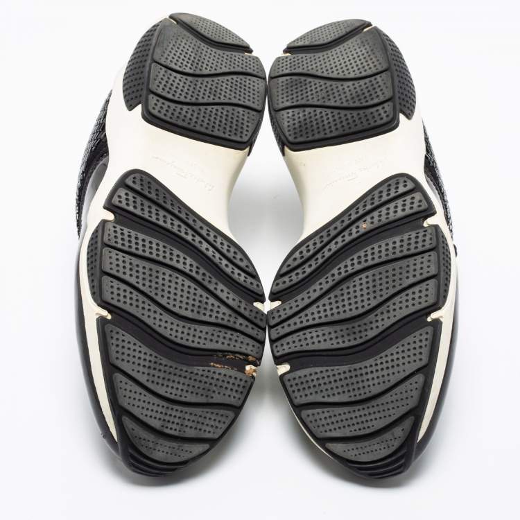 Pre Owned Salvatore Ferragamo Black Crystal Embellished Neoprene and Patent Leather Giolly Slip-on Sneakers Size 36.5