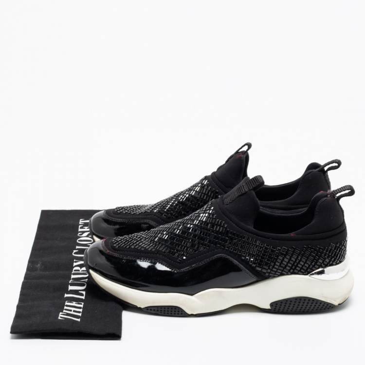Pre Owned Salvatore Ferragamo Black Crystal Embellished Neoprene and Patent Leather Giolly Slip-on Sneakers Size 36.5