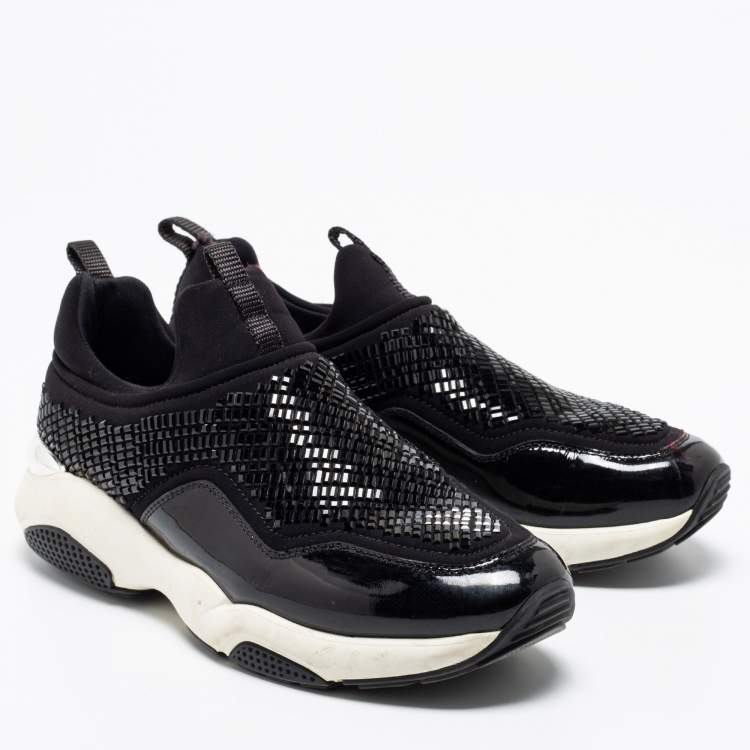Pre Owned Salvatore Ferragamo Black Crystal Embellished Neoprene and Patent Leather Giolly Slip-on Sneakers Size 36.5