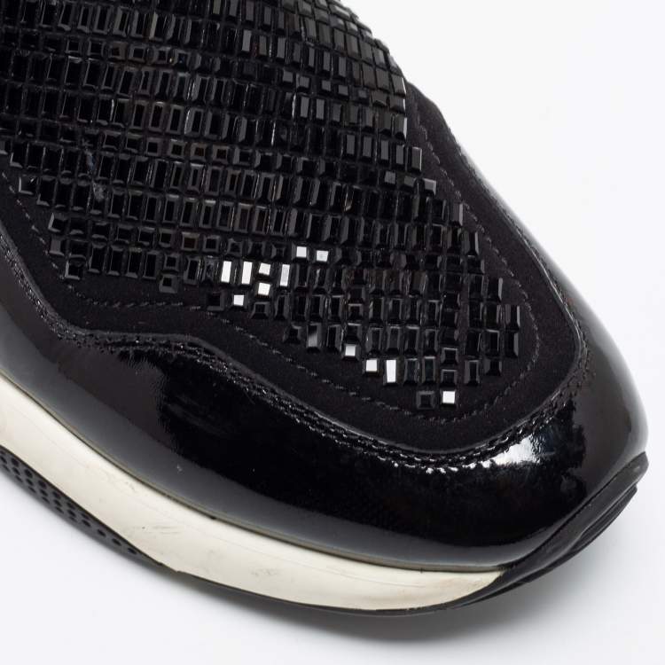 Pre Owned Salvatore Ferragamo Black Crystal Embellished Neoprene and Patent Leather Giolly Slip-on Sneakers Size 36.5