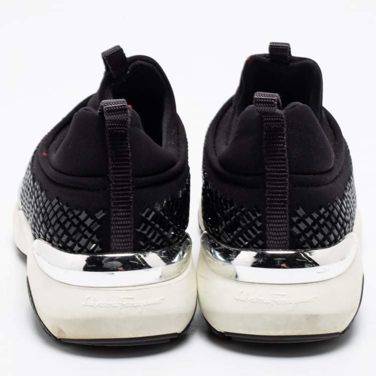 Pre Owned Salvatore Ferragamo Black Crystal Embellished Neoprene and Patent Leather Giolly Slip-on Sneakers Size 36.5