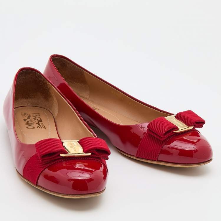 Pre Owned Salvatore Ferragamo Red Patent Leather Varina Bow Ballet Flats Size 39
