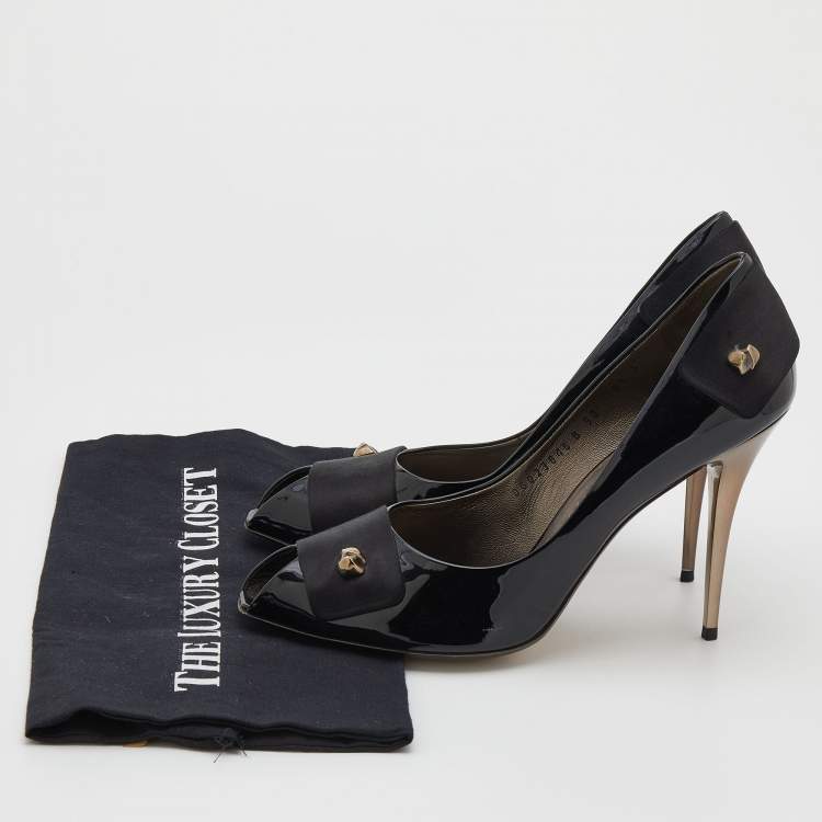 Pre Owned Salvatore Ferragamo Black Patent Leather and Satin Peep Toe Pumps Size 40