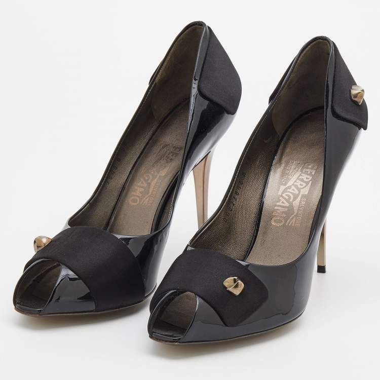 Pre Owned Salvatore Ferragamo Black Patent Leather and Satin Peep Toe Pumps Size 40
