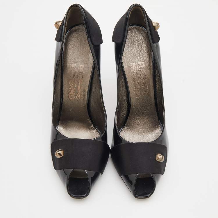 Pre Owned Salvatore Ferragamo Black Patent Leather and Satin Peep Toe Pumps Size 40