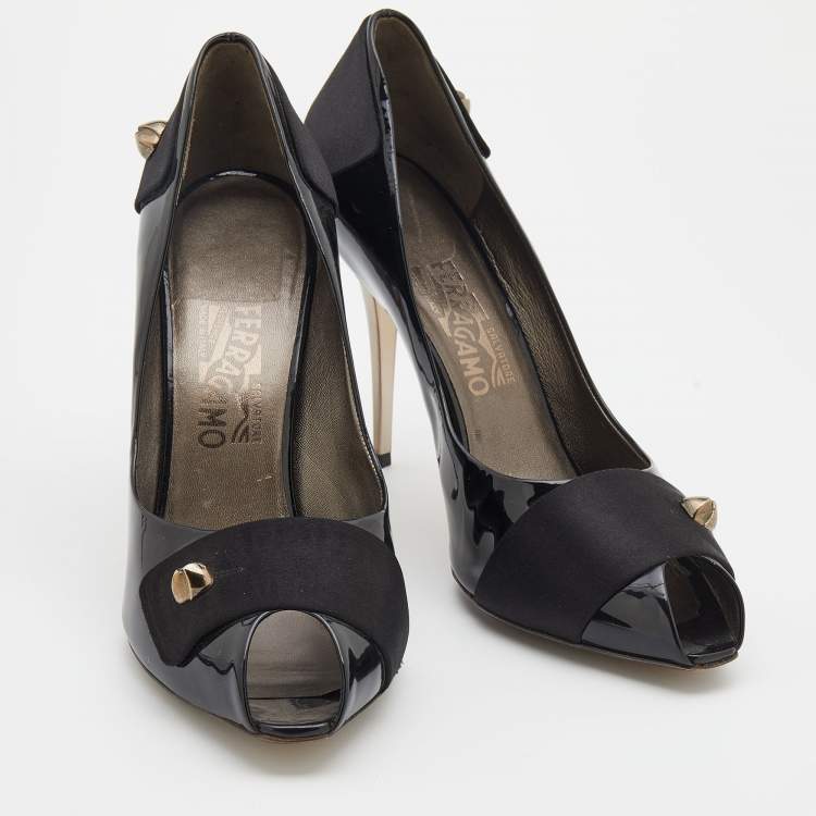 Pre Owned Salvatore Ferragamo Black Patent Leather and Satin Peep Toe Pumps Size 40