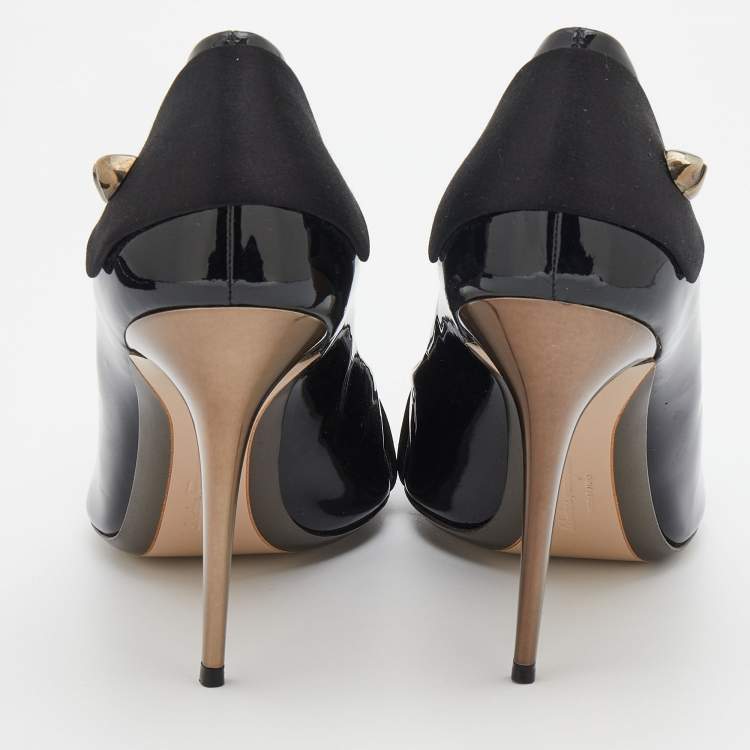 Pre Owned Salvatore Ferragamo Black Patent Leather and Satin Peep Toe Pumps Size 40