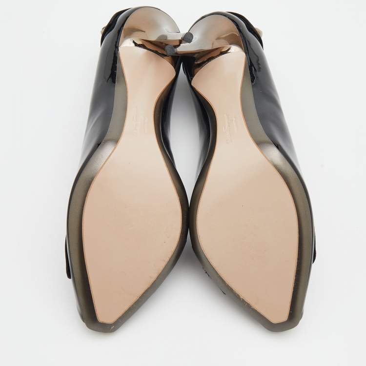 Pre Owned Salvatore Ferragamo Black Patent Leather and Satin Peep Toe Pumps Size 40