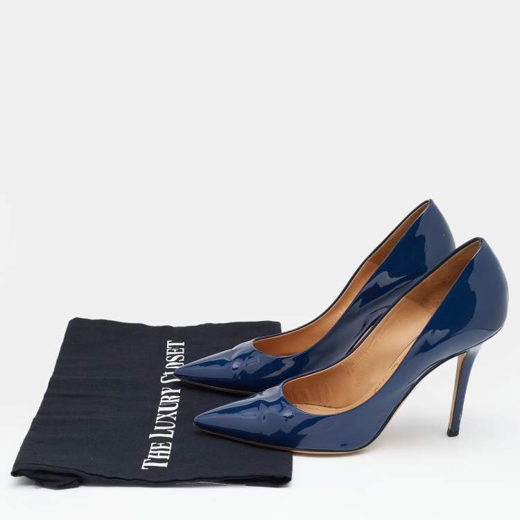 Pre Owned Salvatore Ferragamo Blue Patent Leather Pointed Toe Pumps Size 38