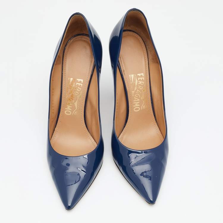 Pre Owned Salvatore Ferragamo Blue Patent Leather Pointed Toe Pumps Size 38