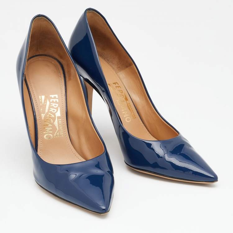 Pre Owned Salvatore Ferragamo Blue Patent Leather Pointed Toe Pumps Size 38