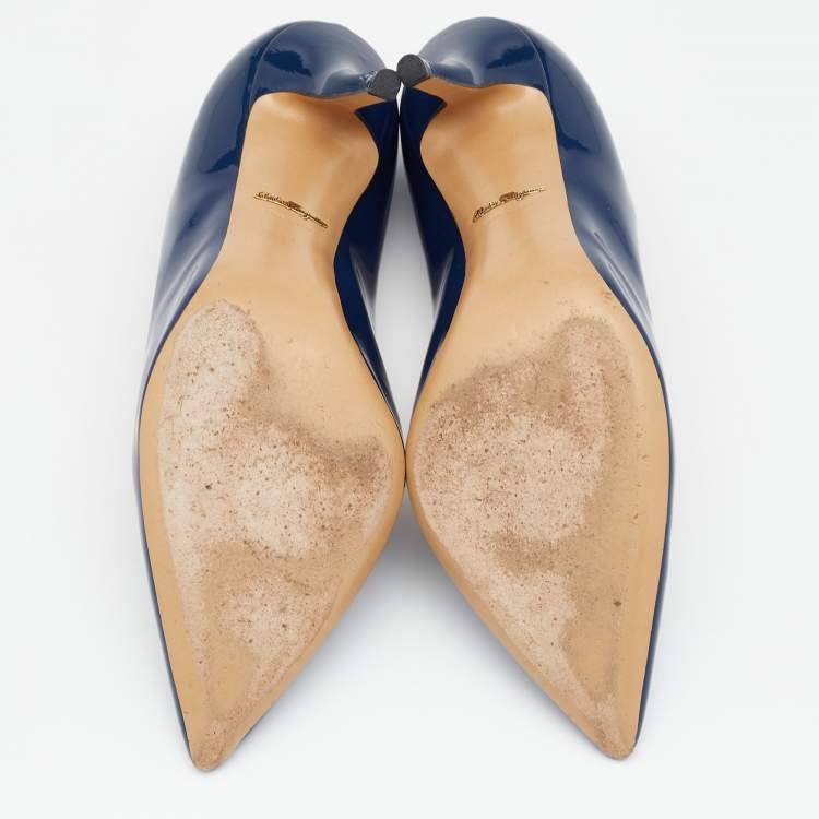 Pre Owned Salvatore Ferragamo Blue Patent Leather Pointed Toe Pumps Size 38