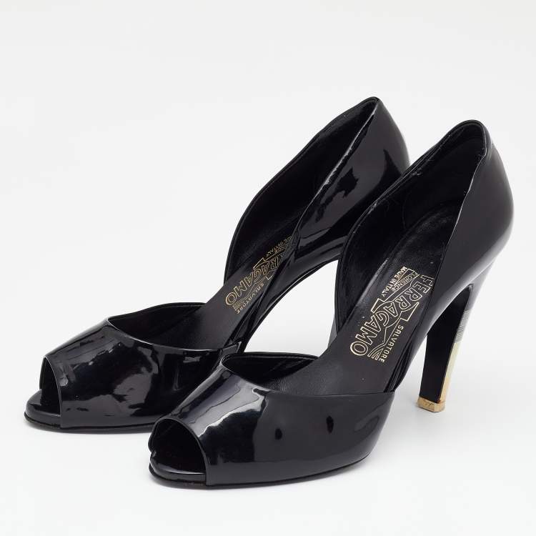 Pre Owned Salvatore Ferragamo Black Patent Leather D'orsay Peep Toe Pumps Size 37