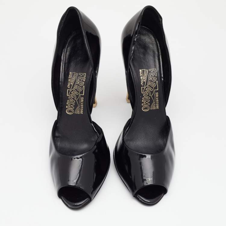 Pre Owned Salvatore Ferragamo Black Patent Leather D'orsay Peep Toe Pumps Size 37