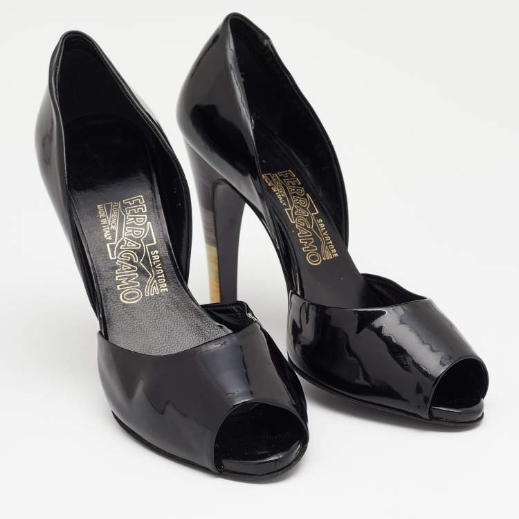 Pre Owned Salvatore Ferragamo Black Patent Leather D'orsay Peep Toe Pumps Size 37