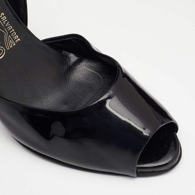 Pre Owned Salvatore Ferragamo Black Patent Leather D'orsay Peep Toe Pumps Size 37