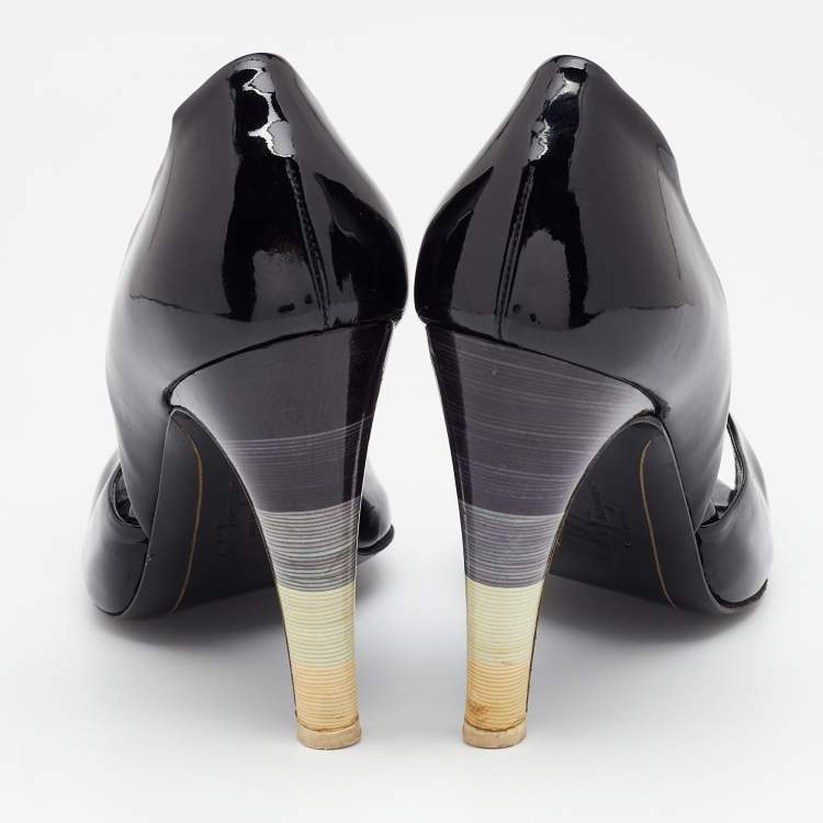 Pre Owned Salvatore Ferragamo Black Patent Leather D'orsay Peep Toe Pumps Size 37