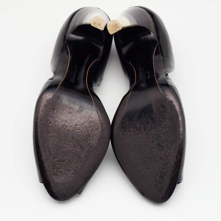 Pre Owned Salvatore Ferragamo Black Patent Leather D'orsay Peep Toe Pumps Size 37