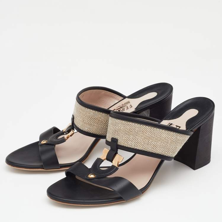 Pre Owned Salvatore Ferragamo Black Canvas and Leather Gancini Slides Size 39.5