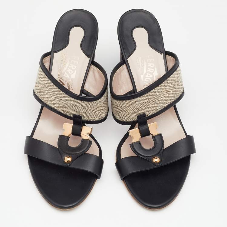 Pre Owned Salvatore Ferragamo Black Canvas and Leather Gancini Slides Size 39.5