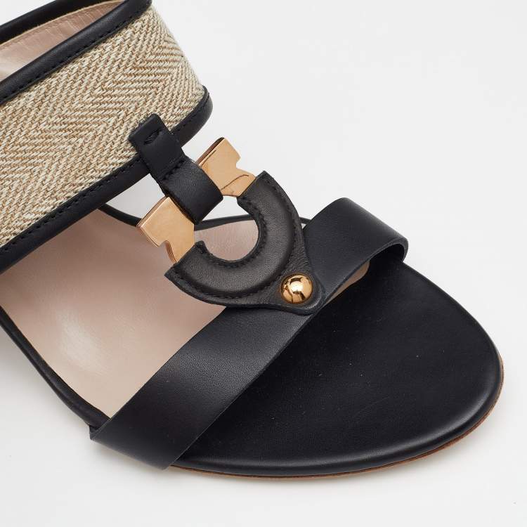 Pre Owned Salvatore Ferragamo Black Canvas and Leather Gancini Slides Size 39.5