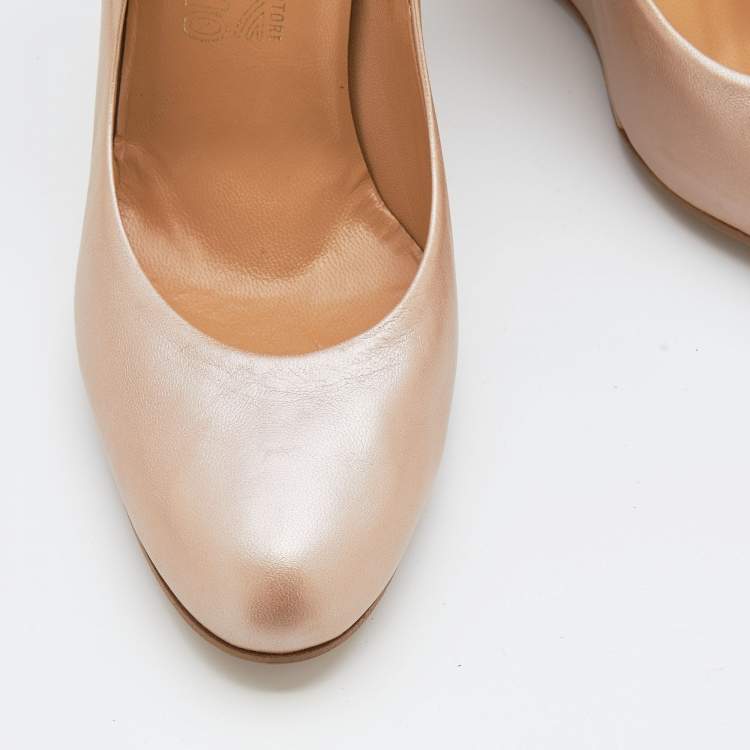 Pre Owned Salvatore Ferragamo Metallic Beige Leather Wedge Pumps Size 39 