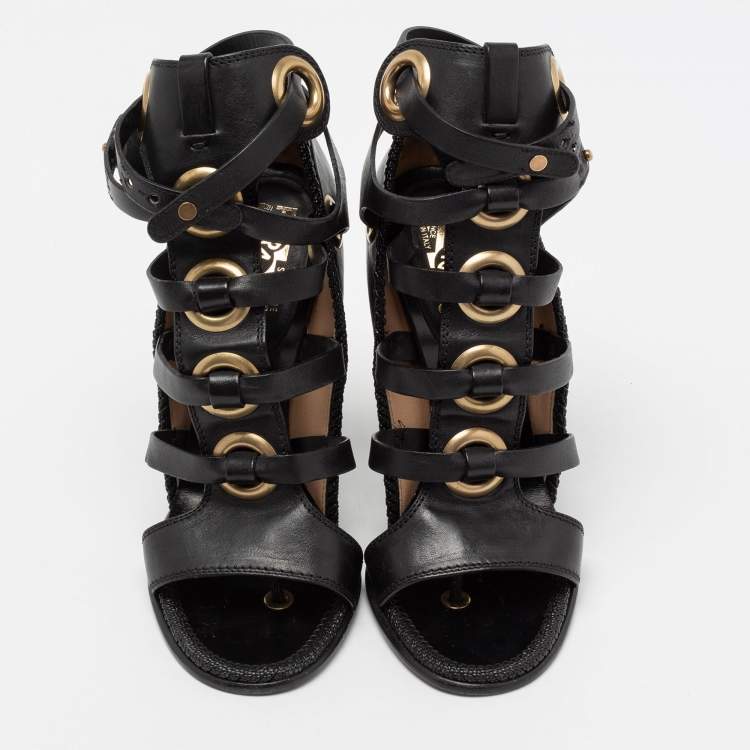 Pre Owned Salvatore Ferragamo Black Leather Shyla Gladiator Sandals Size 38.5