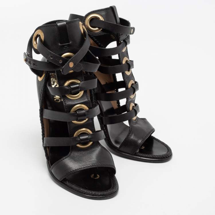 Pre Owned Salvatore Ferragamo Black Leather Shyla Gladiator Sandals Size 38.5