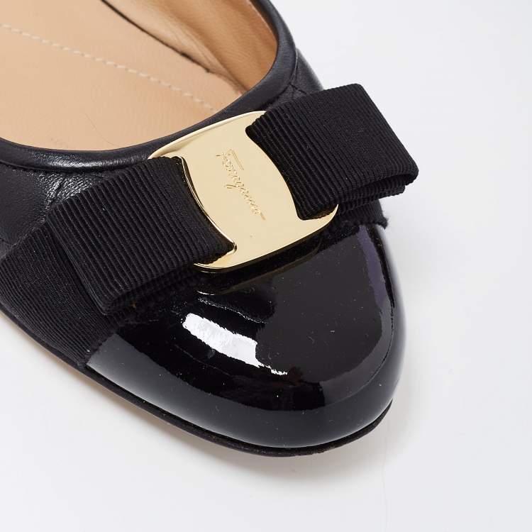 Pre Owned Salvatore Ferragamo Black Quilted Patent And Leather Vara Bow Ballet Flats Size 37.5