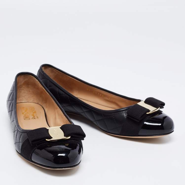 Pre Owned Salvatore Ferragamo Black Quilted Patent And Leather Vara Bow Ballet Flats Size 37.5