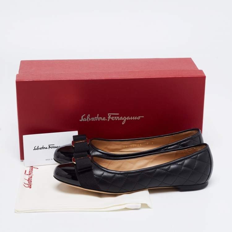 Pre Owned Salvatore Ferragamo Black Quilted Patent And Leather Vara Bow Ballet Flats Size 37.5