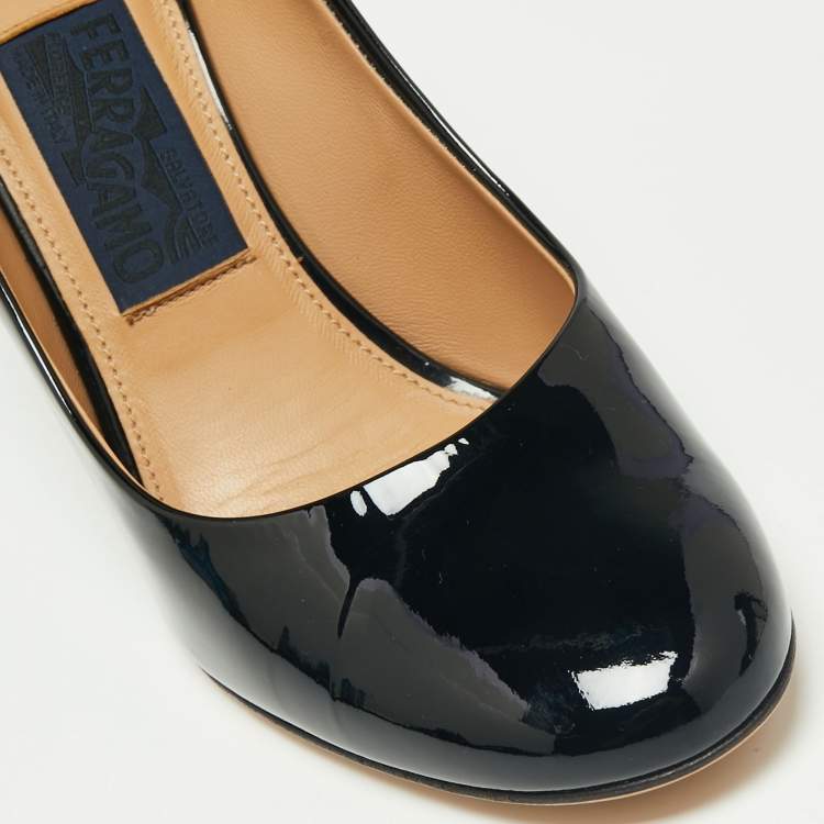 Pre Owned Salvatore Ferragamo Black Patent Leather Ninfea Lucite Block Heel Pumps Size 38.5