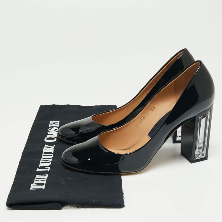 Pre Owned Salvatore Ferragamo Black Patent Leather Ninfea Lucite Block Heel Pumps Size 38.5