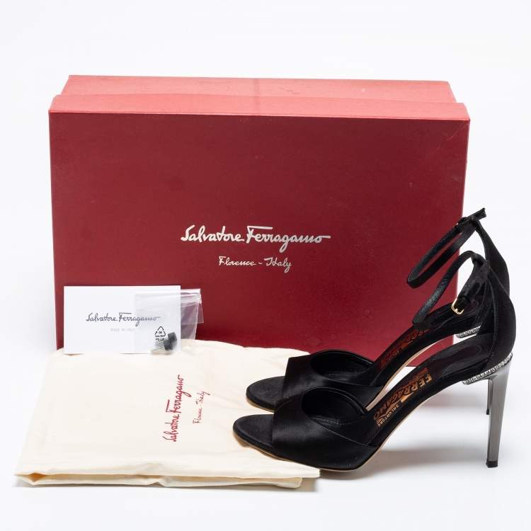 Pre Owned Salvatore Ferragamo Black Satin Crystal Embellished Heel Ankle Strap Sandals Size 35.5