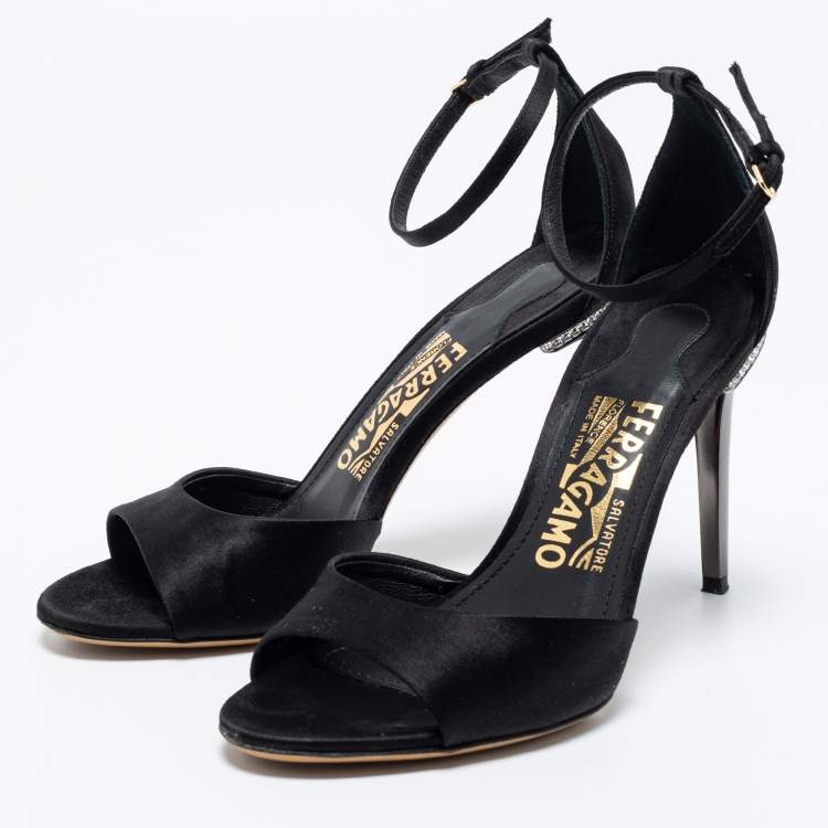 Pre Owned Salvatore Ferragamo Black Satin Crystal Embellished Heel Ankle Strap Sandals Size 35.5
