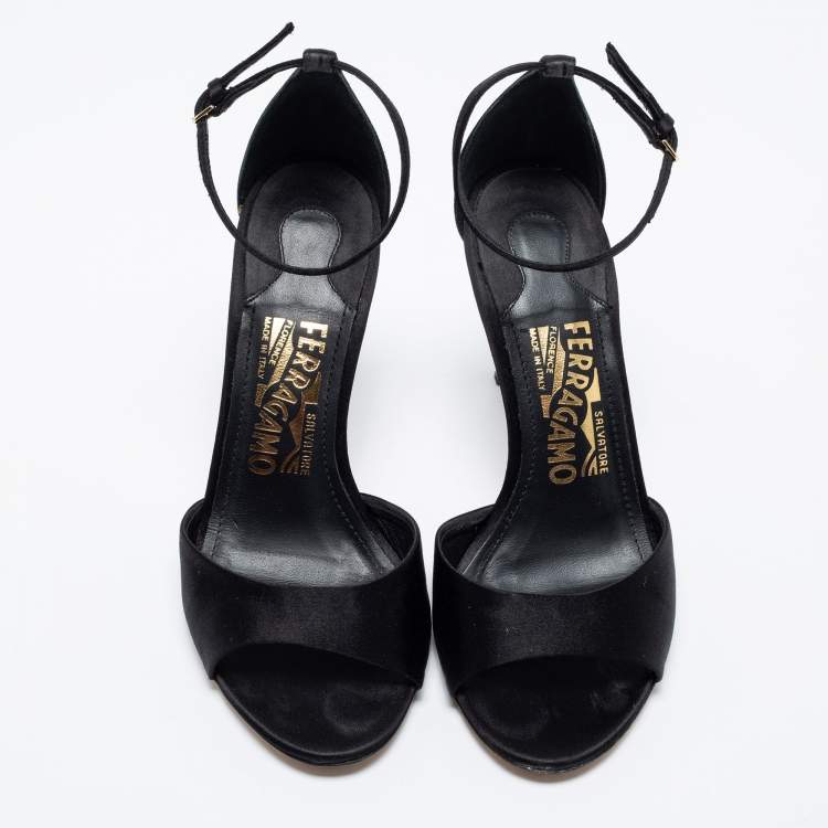 Pre Owned Salvatore Ferragamo Black Satin Crystal Embellished Heel Ankle Strap Sandals Size 35.5