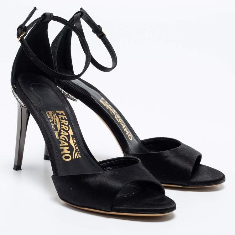 Pre Owned Salvatore Ferragamo Black Satin Crystal Embellished Heel Ankle Strap Sandals Size 35.5
